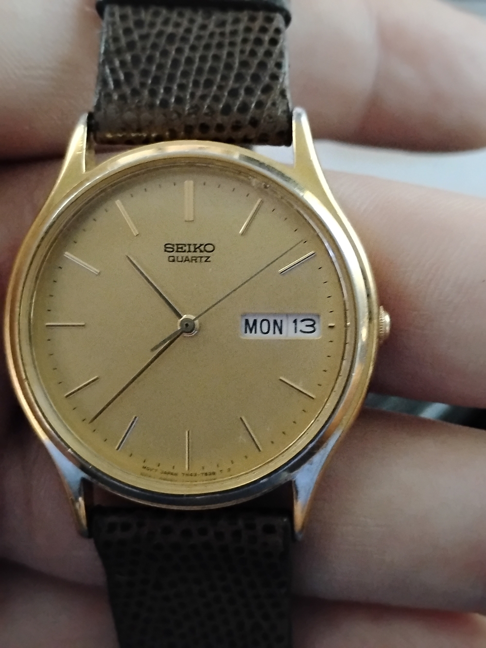 Seiko Quartz Men's Gold Dial Watch with Brown Leather Strap